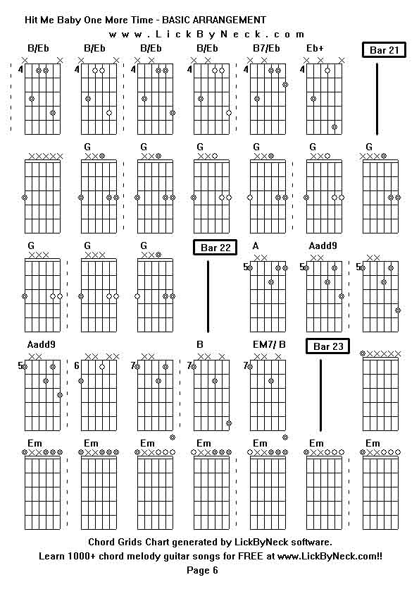 Chord Grids Chart of chord melody fingerstyle guitar song-Hit Me Baby One More Time - BASIC ARRANGEMENT,generated by LickByNeck software.